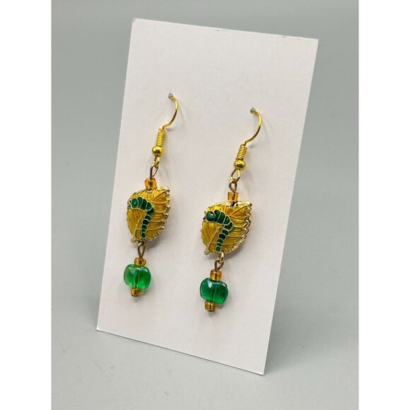 Vintage Enamel Caterpillar on Golden Leaf Dangle Earrings with Bead Accents - Picture 4 of 7